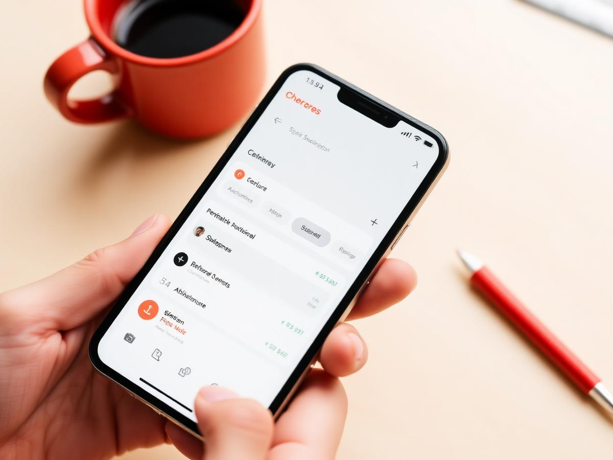 Hand holding a phone showing a subscription app dashboard