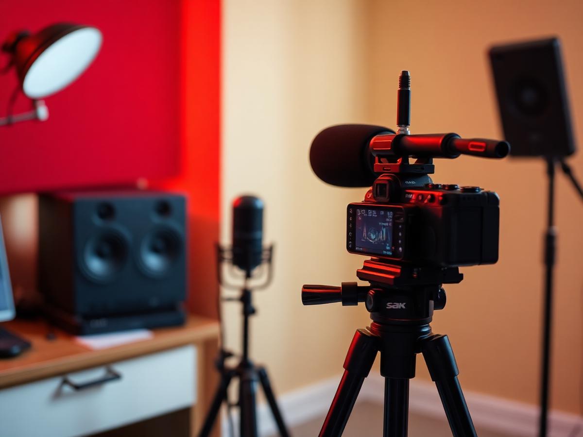 Creator studio with camera and microphone under red light