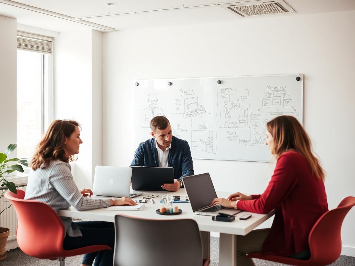 Small product team working together in a bright office